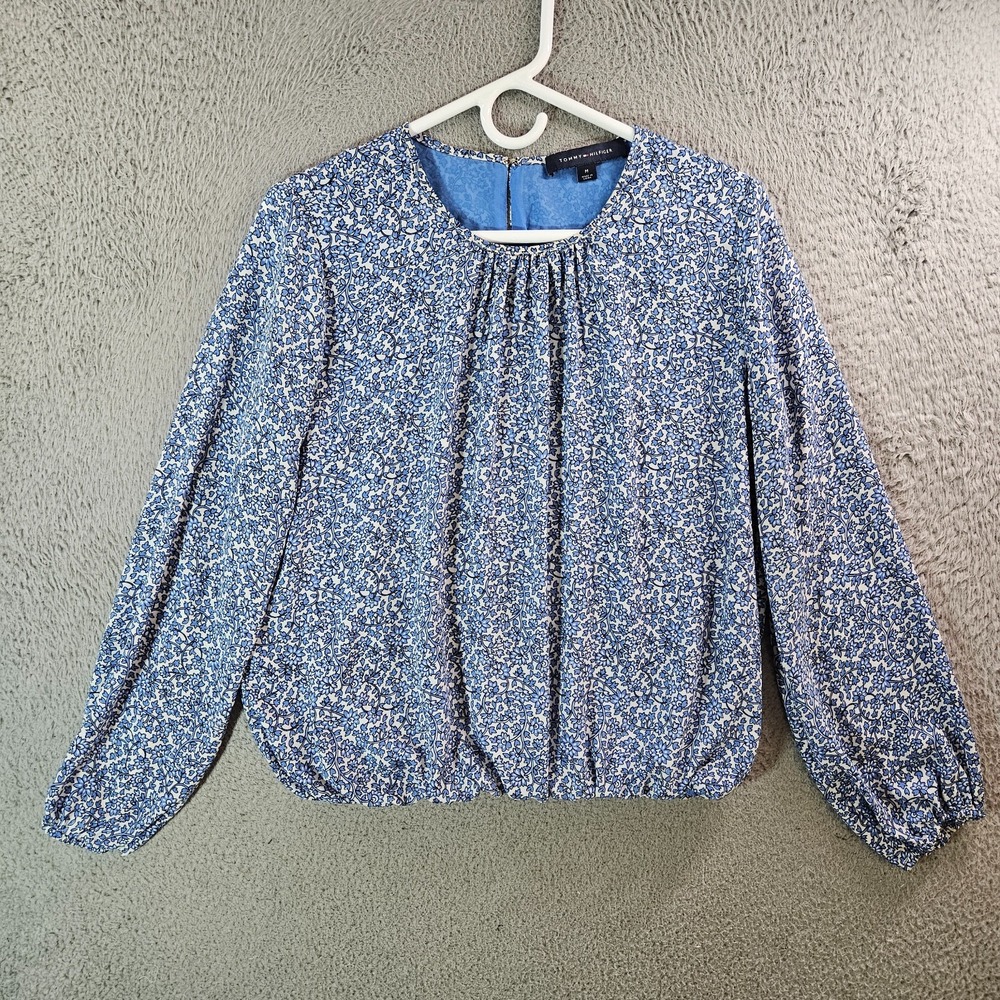 Tommy Hilfiger Top Women Medium Floral Print Lined Long Sleeve White Light Blue